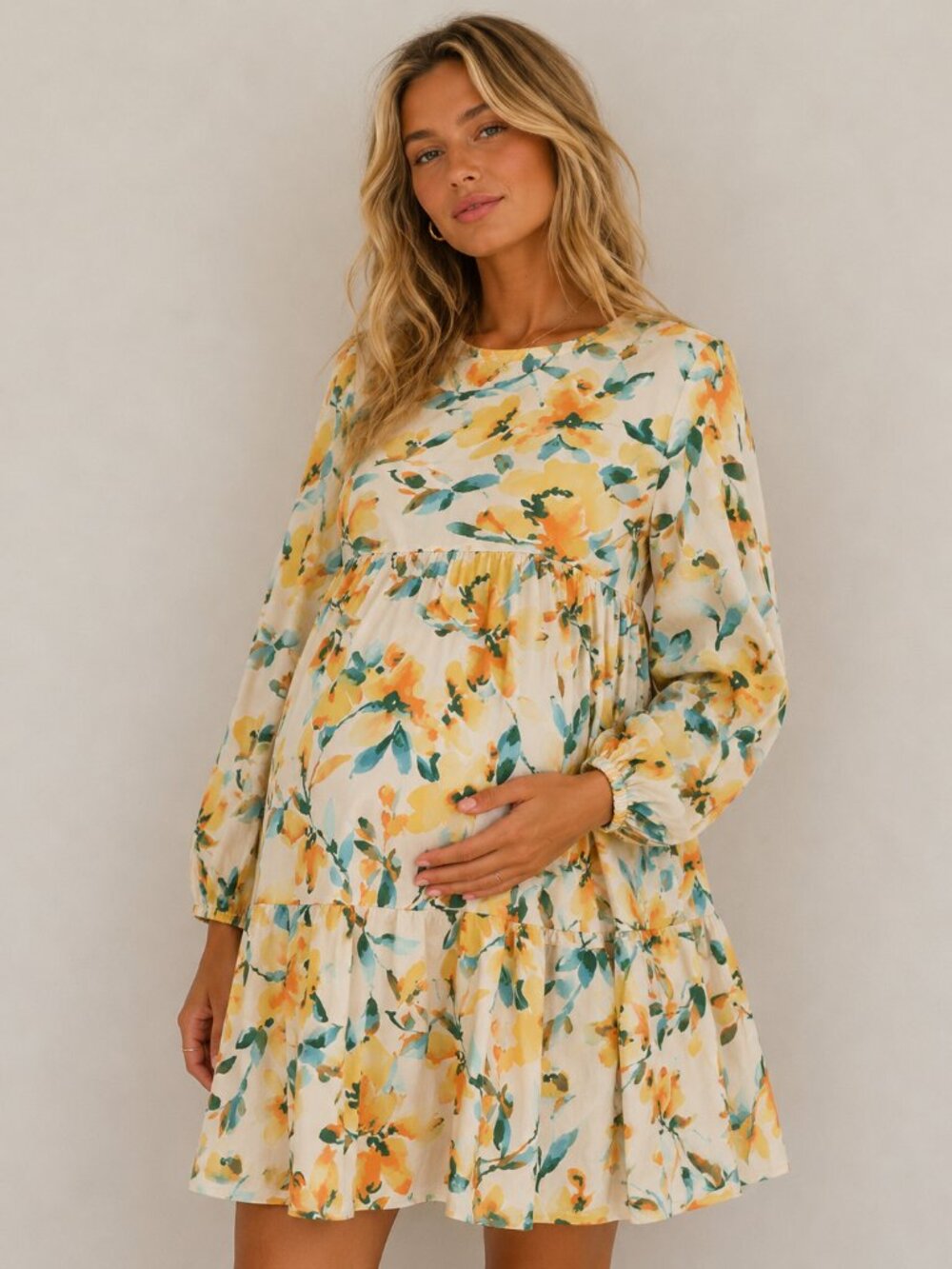GAP Cream Yellow Floral Maternity Tiered Mini Dress Size Small 54825
